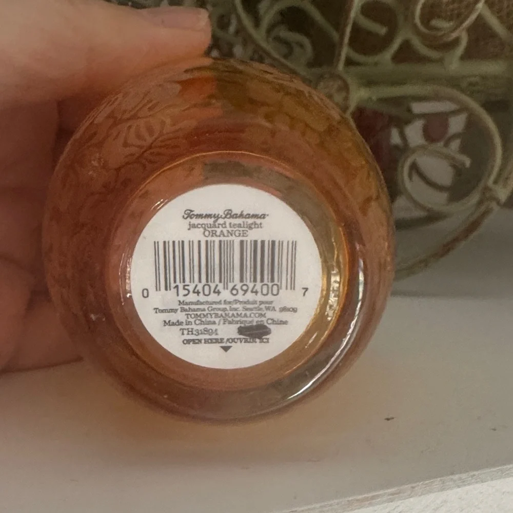 Tommy Bahama Jacquard Tea Light Orange Glass Candle Holder and a Drinks Cozy
